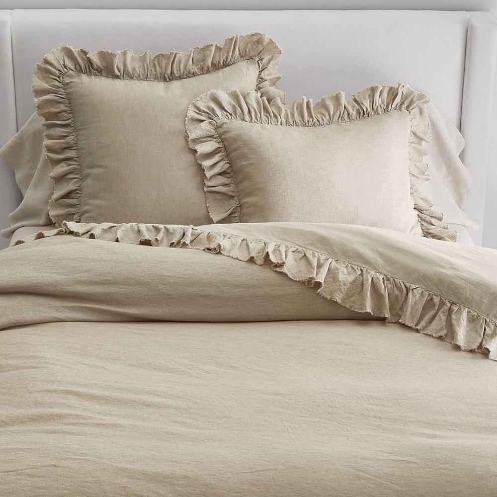 Pottery Barn Belgian Flax Linen Ruffle Duvet Cover FULL/ QUEEN + 2 EURO SHAMS